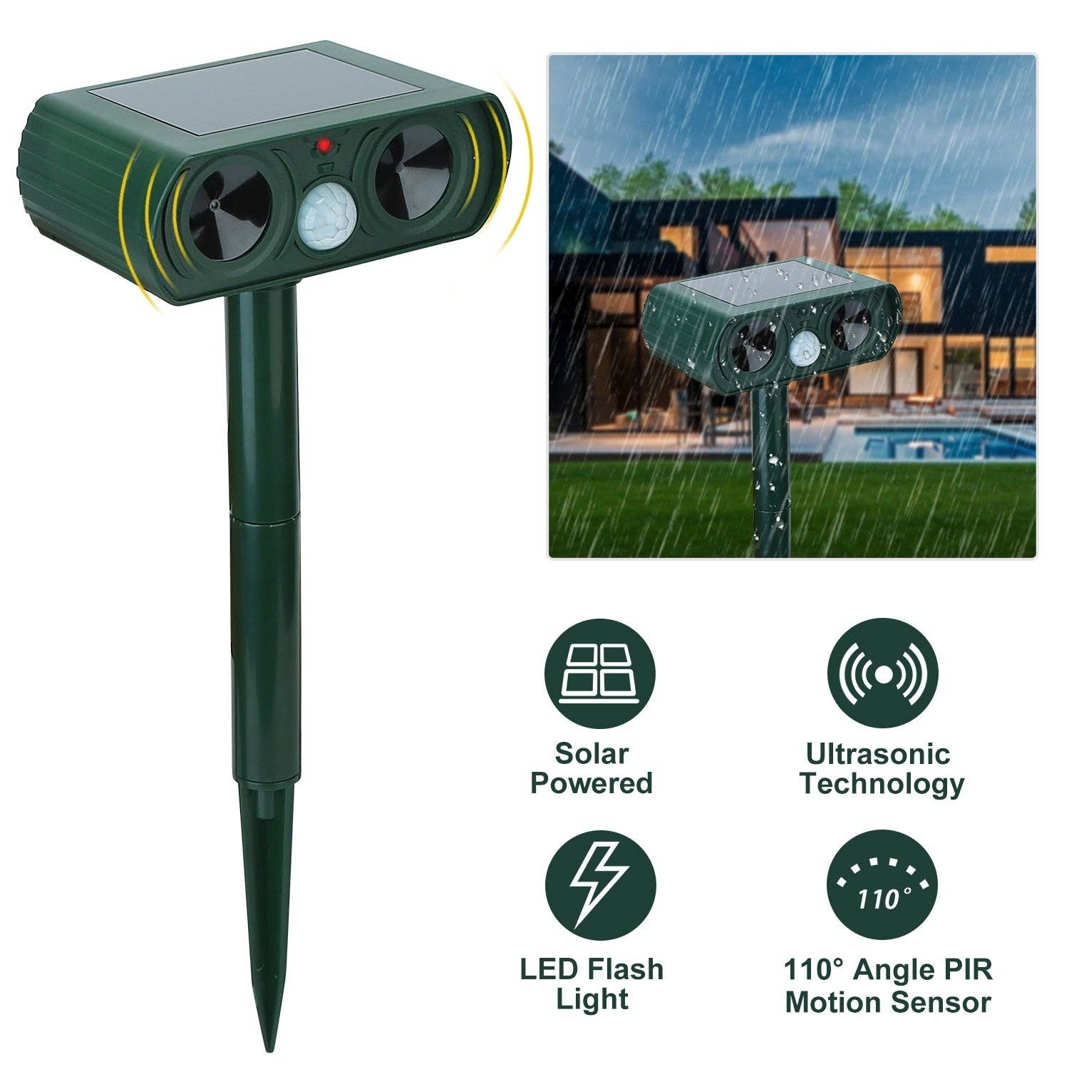 Green Ultrasonic Animal Repeller Solar Powered Motion Sensor Repellent IPX4 Waterproof Outdoor For Farm Garden Yard Repelling Deer Raccoon Cat Dog Rabbit Squirrel Bird for wholesale on Faire0