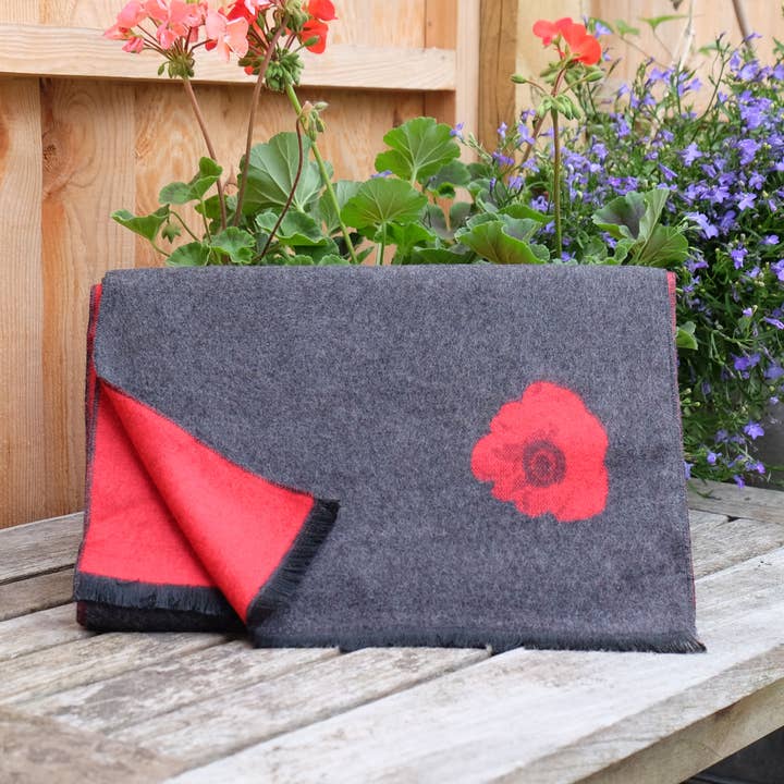 Alexander Thurlow & Co Ltd - Wholesale Scarf – Women's - Red Poppy Flower Grey Soft Warm and Smart Winter Scarf