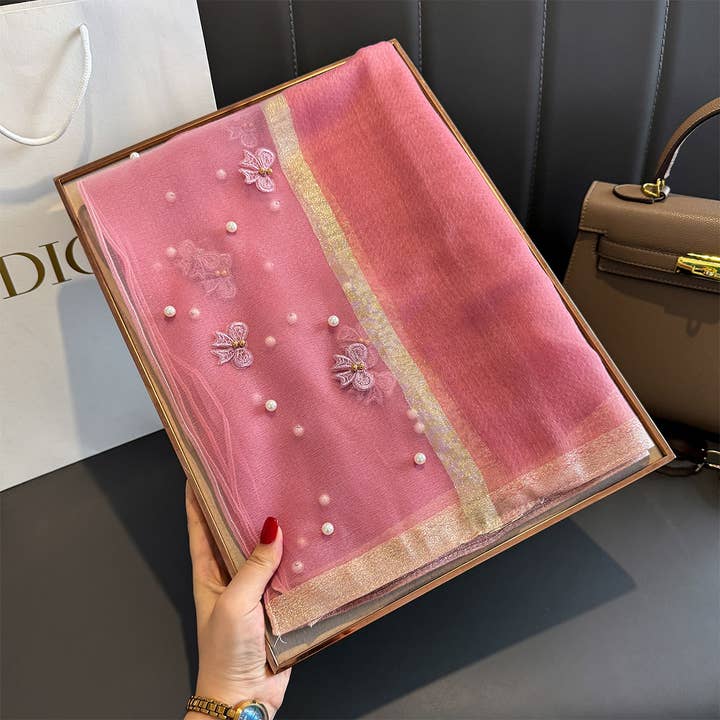 PEACH ACCESSORIES - Wholesale Scarf - Women's - Silk Scarf with Embroidered Bows & Pearls SK26