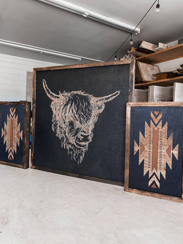 Highlander Cow & Tribal Aztec Wood Wall Art | 3 Piece Set for wholesale by Birch and Home Handmade