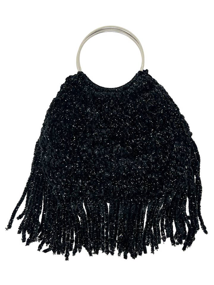 Sort hæklet lurex chenille taske med frynser for engroshandel hos Tétè Accessories