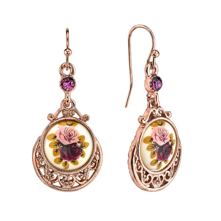 Hängeohrringe mit Rosenblüten in Violett und Rosa für den Großhandel von 1928 Jewelry