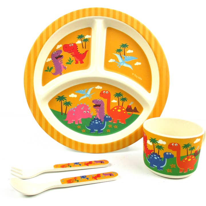 Dinosaur 4-Pc Eco-Friendly Plant Fiber Dinnerware Set for wholesale by Tiny Mills