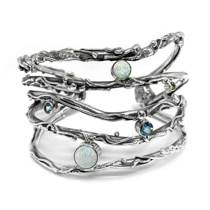 Silver Twig Cuff with 5 Strands and 5 Bezel Set Stones for wholesale by Tamara Kelly Designs