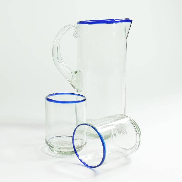 Sobremesa - Wholesale Pitcher - Blue Rim Glass Pitcher with Handle, Recycled Clear Glass Jug5