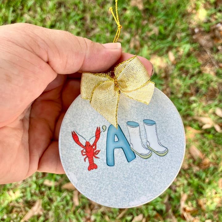 y’all louisiana crawfish Christmas souvenir ornament for wholesale by on the Bayou
