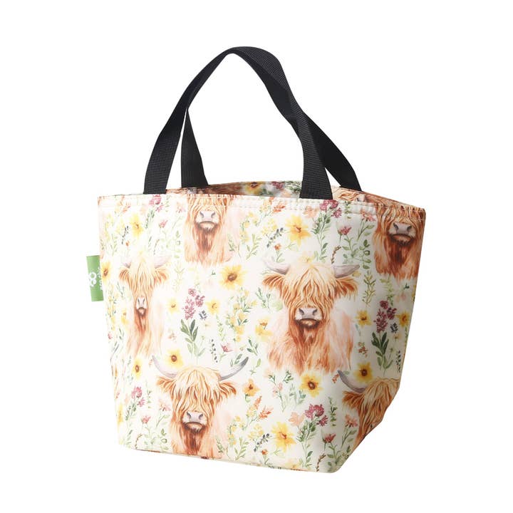 C116BG - Eco Chic Lightweight Foldable Lunch Bag Floral Highland Cow Beige (Pack of 2) for wholesale by Eco Chic