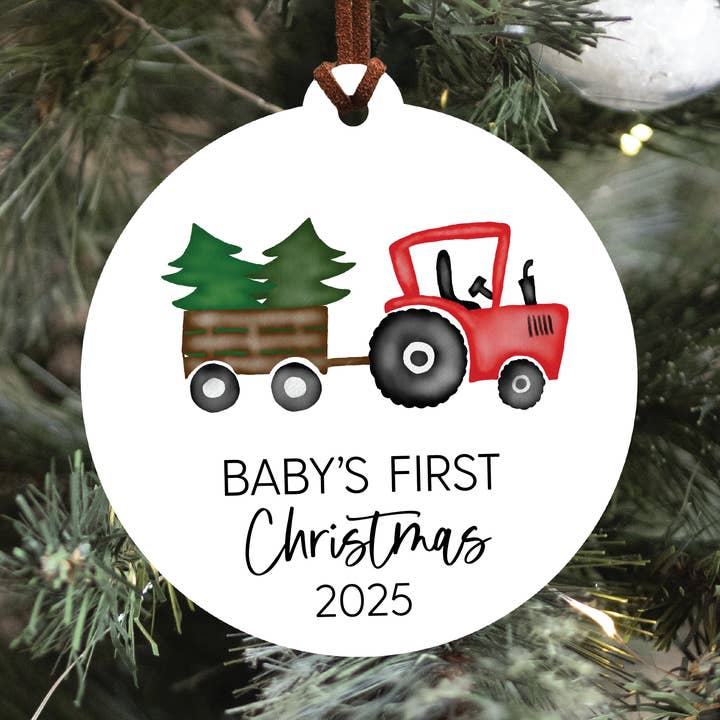 Baby's First Christmas Ornament 2025 | Red Tractor for wholesale by Knotty Design Co.