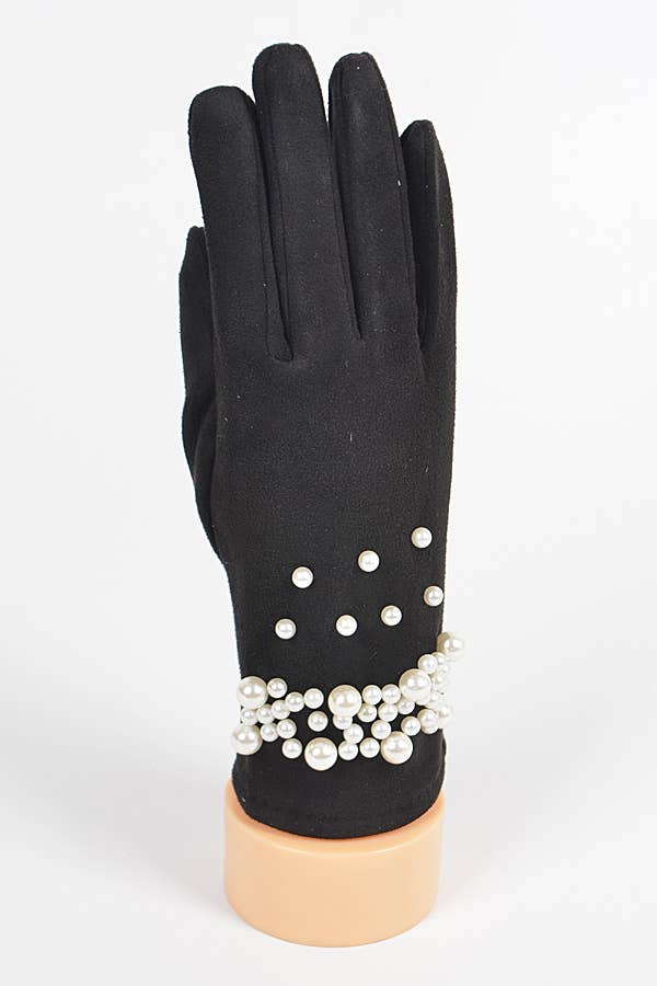 BLACK Faux Suede Gloves W Imitation Pearl for wholesale on Faire3