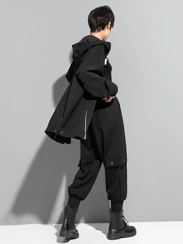 BLACK Fashion Irregularity Loose Solid Color Zipper Hooded Outerwear for wholesale on Faire16