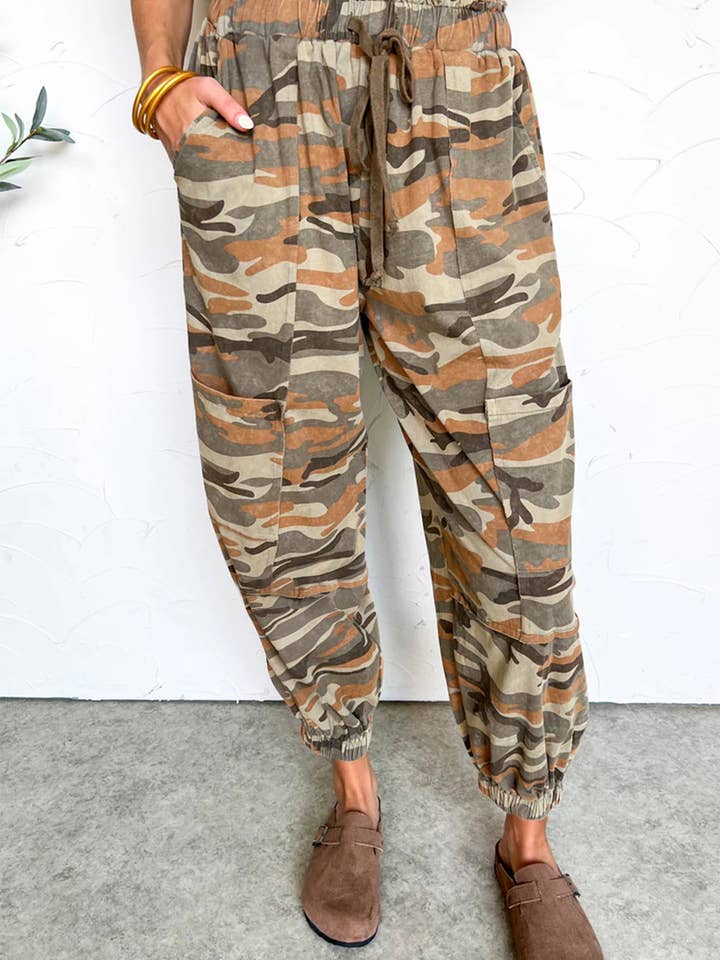 Green Camouflage Printed Drawstring Elastic Waist Jogger Pants for wholesale by Shoppe247