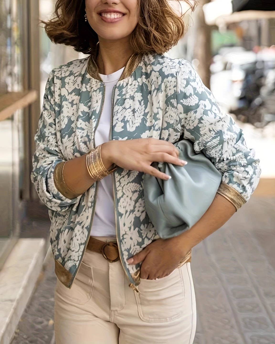 Rosa Clothing - Wholesale Jacket - Women's - Western Floral Print Bomber Jacket with Gold Trim2