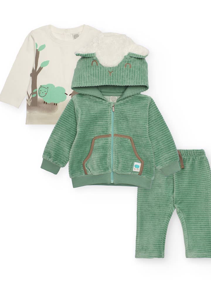 Set van drie stuks voor babyjongen in groen en wit met schaapje voor wholesale door tuc tuc