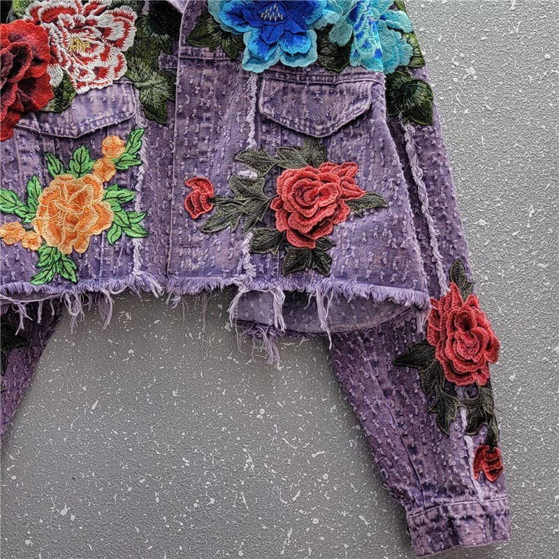Purple JK061 3D Floral Edge Denim Jacket - Spring Fashion for wholesale on Faire4