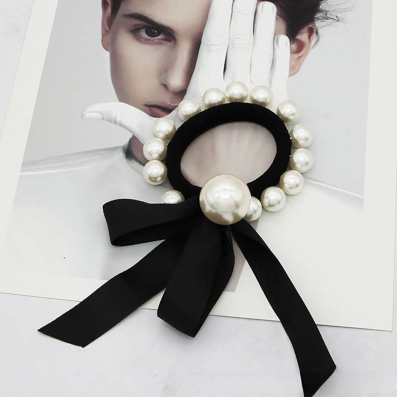 ACCITY - Wholesale Scrunchie - Women's - Pearl Lace Houndstooth Bow Hair Tie_CWAHA080495