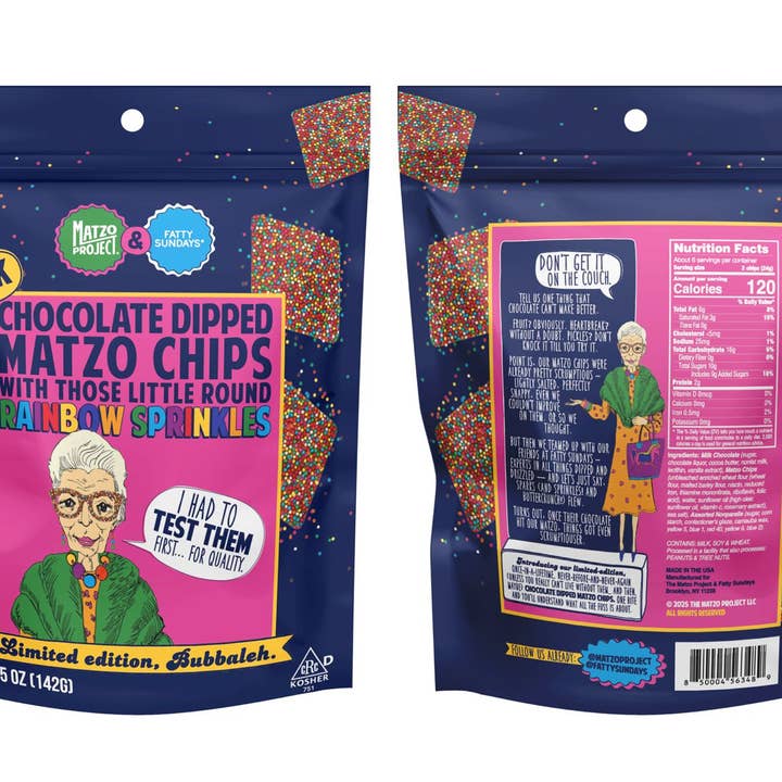 Chocolate-Dipped Matzo Chips with Rainbow Sprinkles for wholesale by The Matzo Project