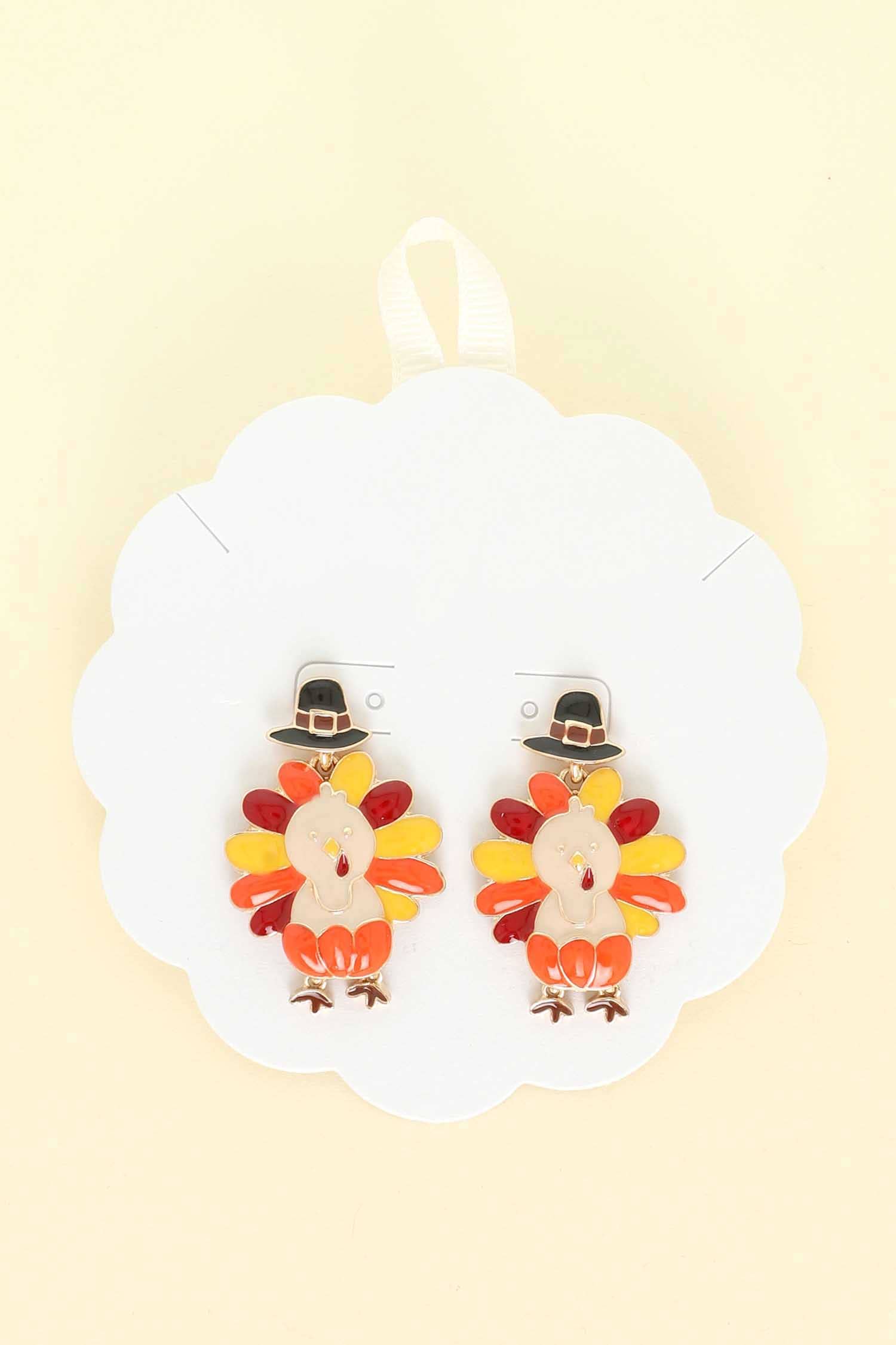 SP Sophia Collection - Wholesale Dangle Earrings - Thanksgiving Pilgrim Hat Turkey Shaped Enamel Post Earrings