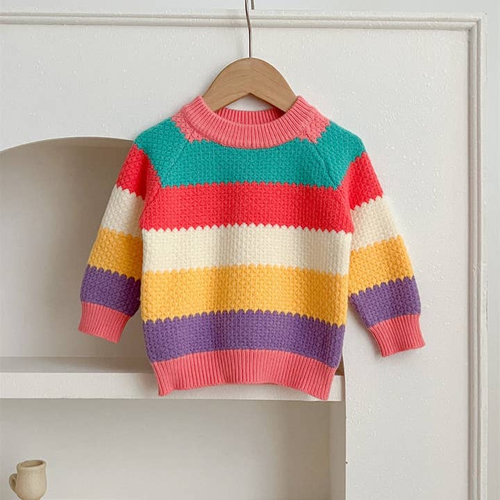 Pink Baby Girl Rainbow Strips Knitting Pullover Sweater for wholesale on Faire