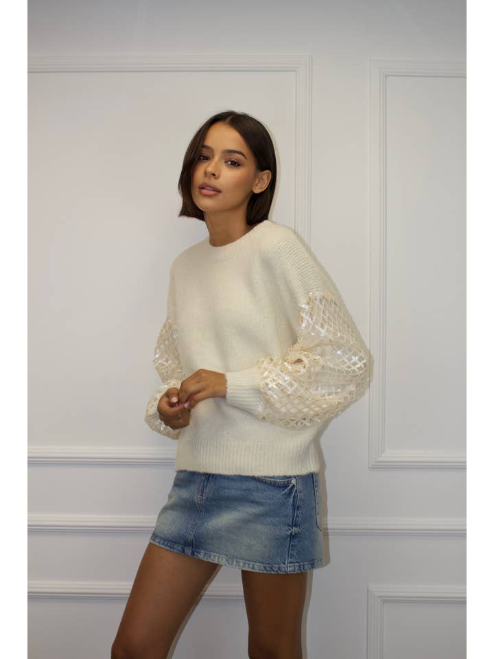 Chilli Girl Collection – Engroshandel Pullover - Dame – Sweater med rund hals og ærmer med pailletlapper2