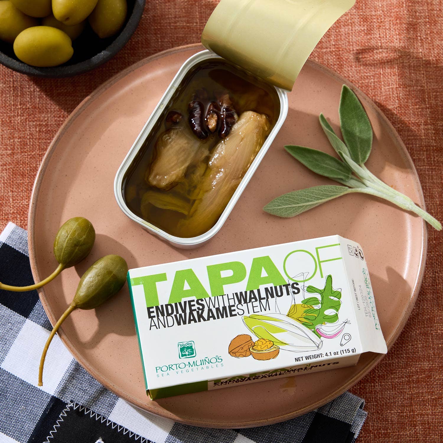 Lata - Venta al por mayor Pescados/mariscos - Tapa de Endivias con Nueces y Tallo de Wakame de Porto-Muiños1