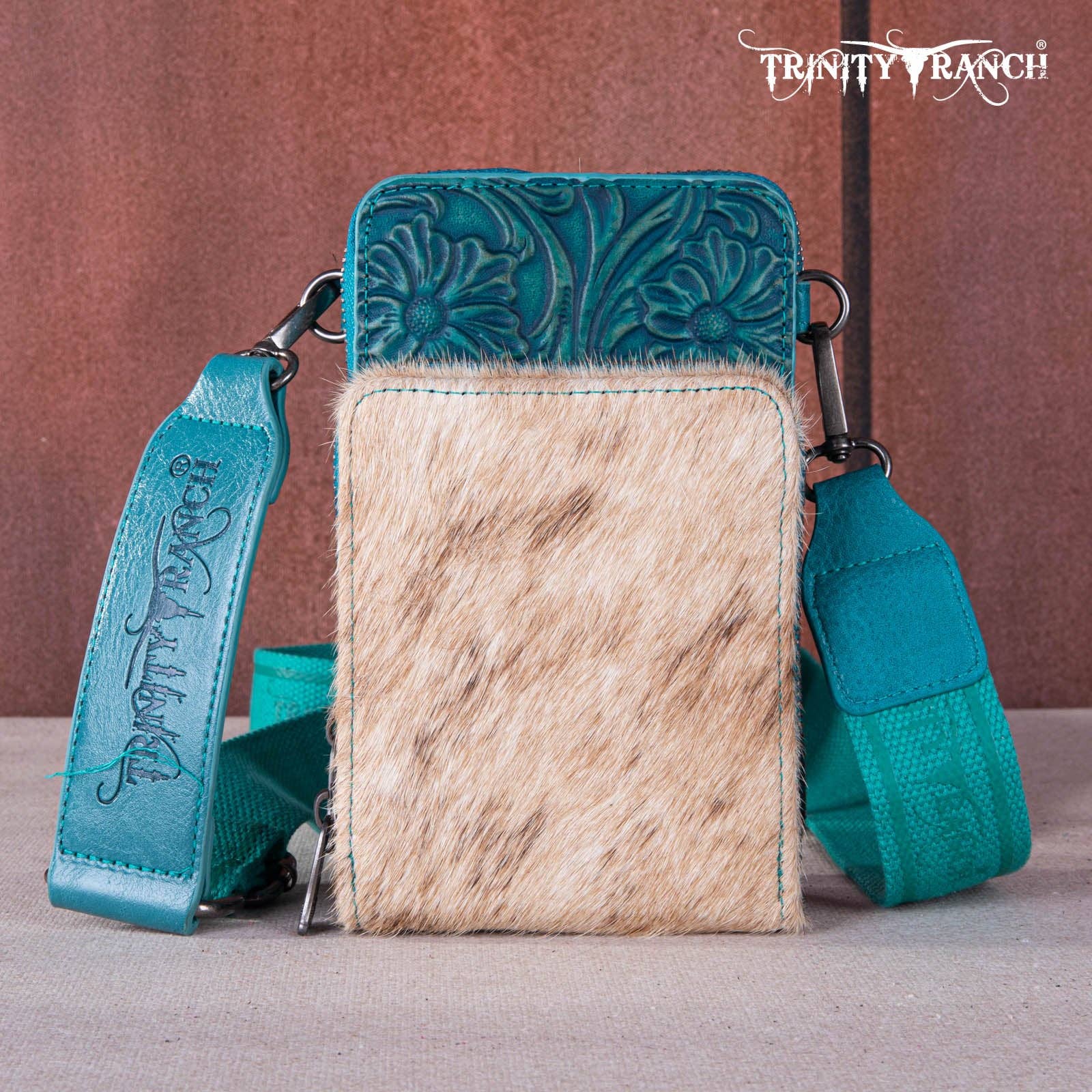 REMOVED BRAND - Wholesale Crossbody Bag - Women's - TR159 -183  Trinity Ranch Genuine Hair-On Cowhide /Tooled  Collection Phone Purse with Coin Pouch43