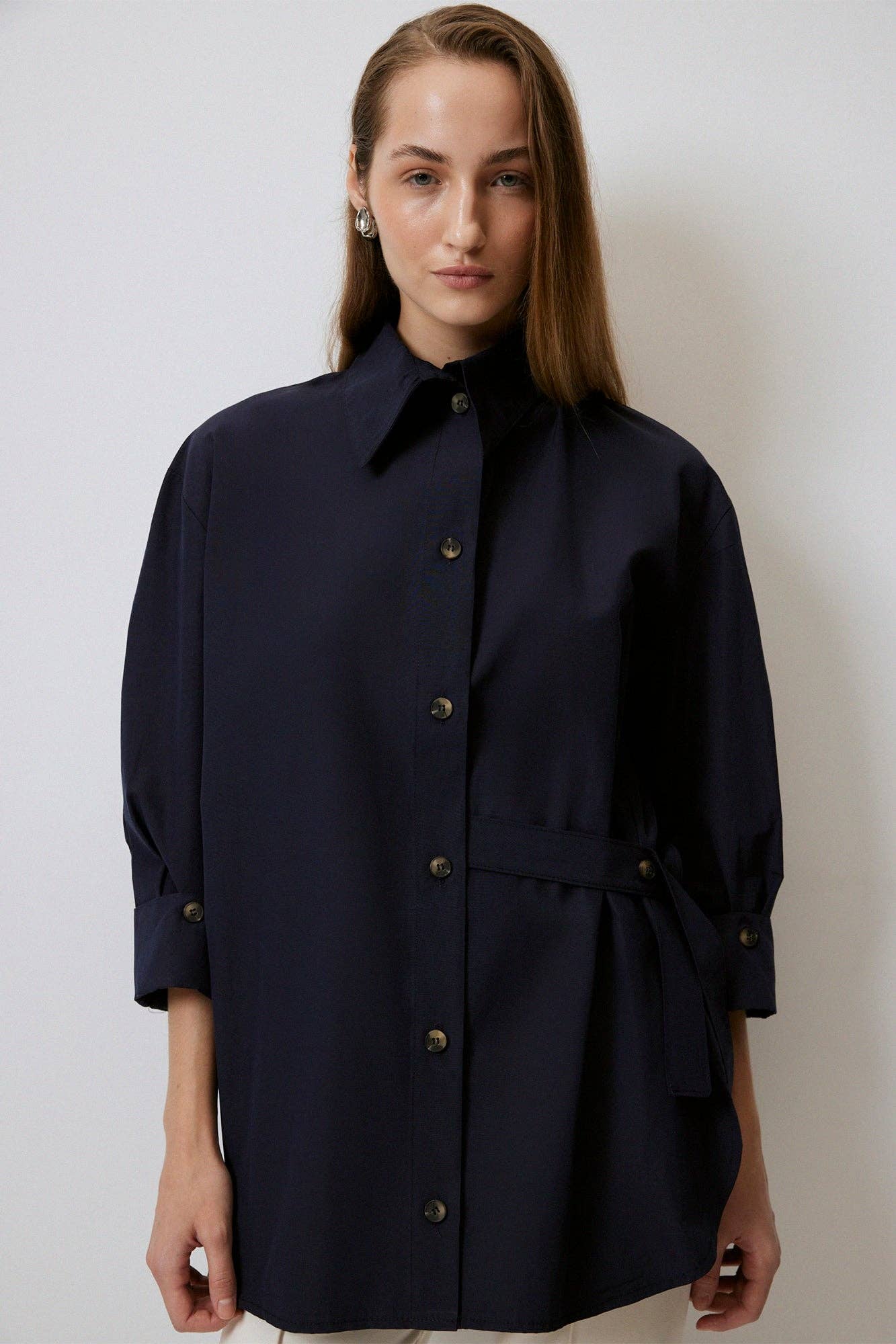 Navy Asymmetric Belted Cotton Blend Shirt – Relaxed Fit for wholesale on Faire2