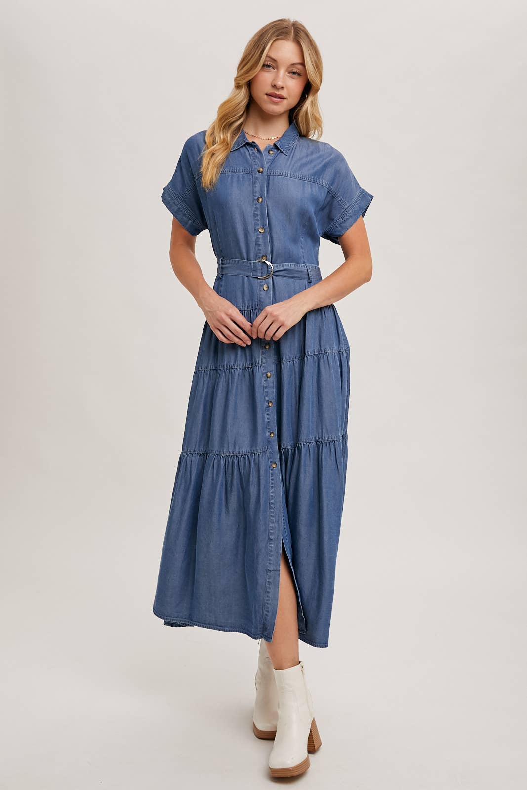 Bluivy - Wholesale Dress - Women's - BUTTON FRONT SHORT SLEEVED TIERED MAXI DENIM DRESS2