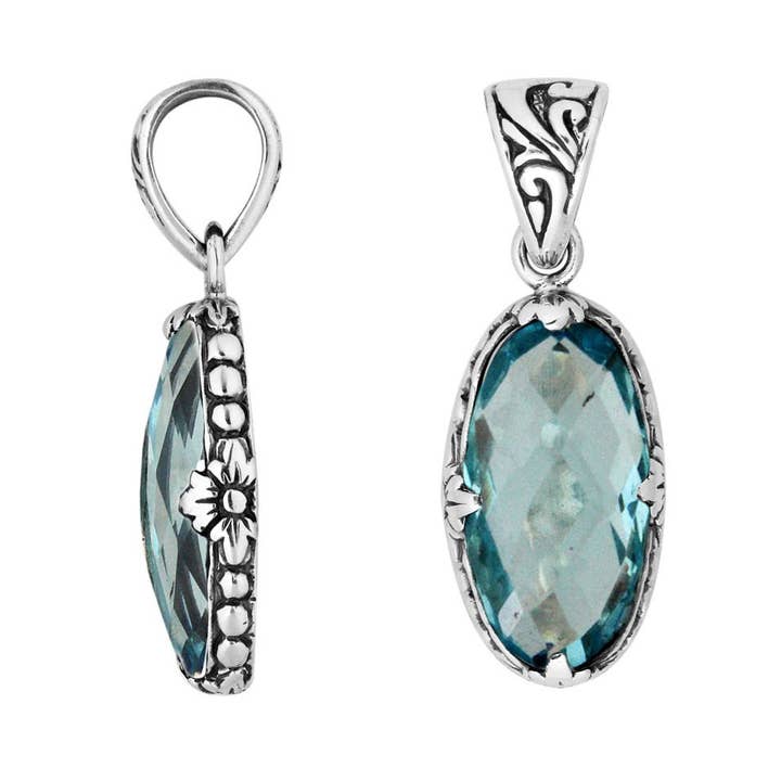 AP-6164-BT Sterling Silver Oval Shape Blue Topaz Quartz Pendant with Floral Detailing for wholesale by Bali Designs
