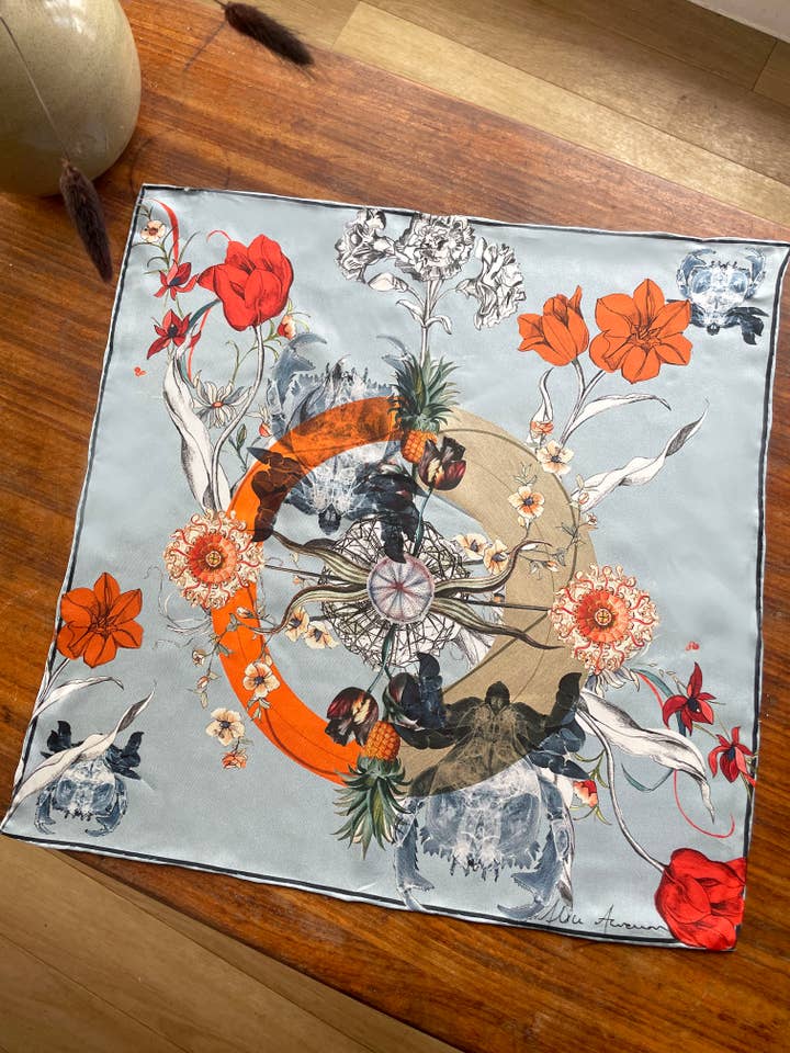 Pale blue Luxury Silk Pocket Square 'evolution' print for wholesale by Alice Acreman Silks
