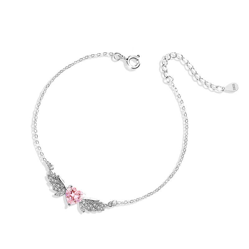 Perimade & Co. LLC - Vendita all'ingrosso Braccialetto con ciondolo/pendente - Bracciale con ciondolo a forma di ala d'angelo a forma di cuore rosa in argento4