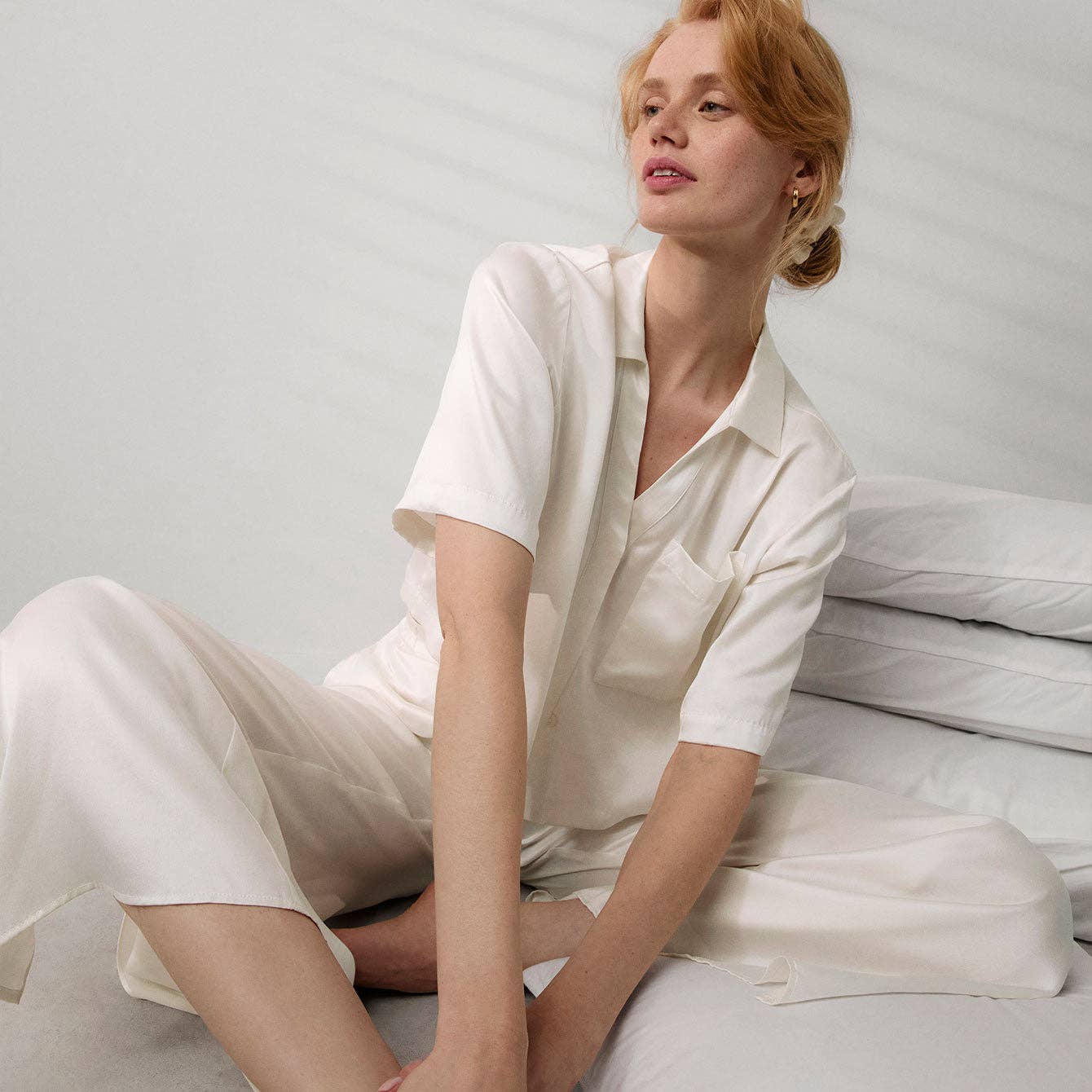 Tranquil White Washable Silk High Rise Pant Set for wholesale on Faire4