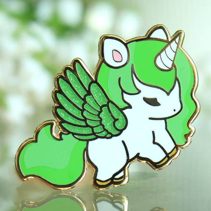 Green Unicorn Enamel Pin for wholesale by Time & Fables, LLC