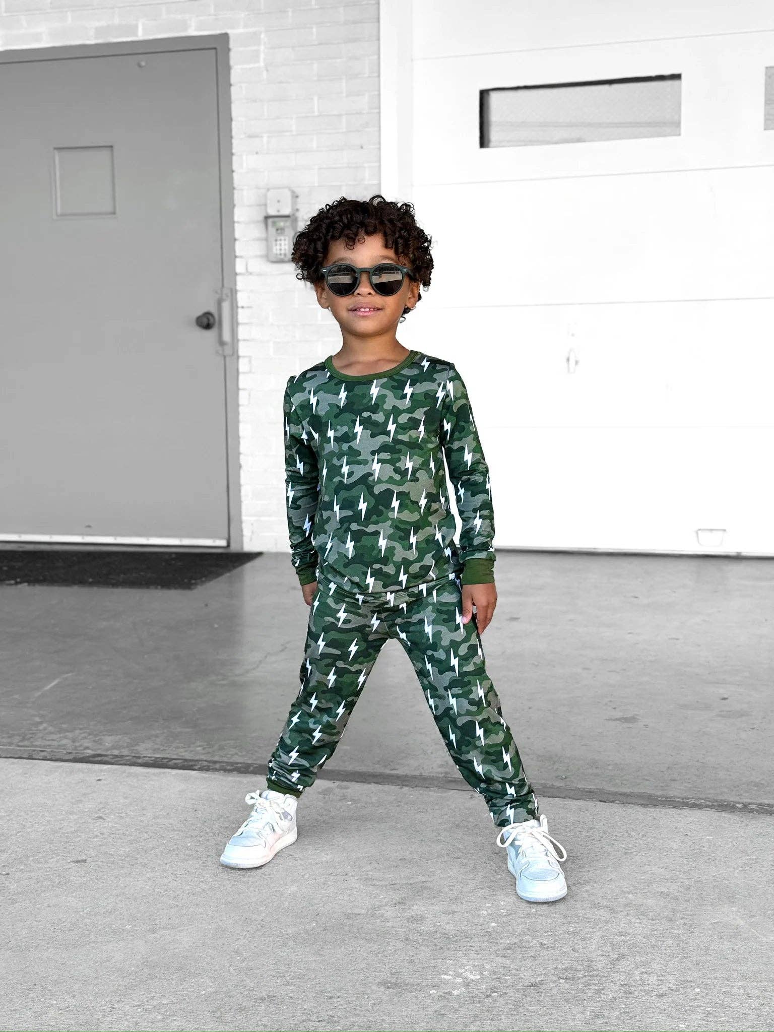 Lucky Panda Kids - Wholesale Sleepwear Set - Kids - Bamboo Two Piece Set | Green Camo Bolts3