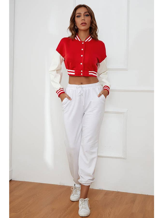 MB Fashion Wholesale - Wholesale Varsity/Baseball Jacket - Women's - MB FASHION CROPPED BUTTON DOWN JACKET 6466R3