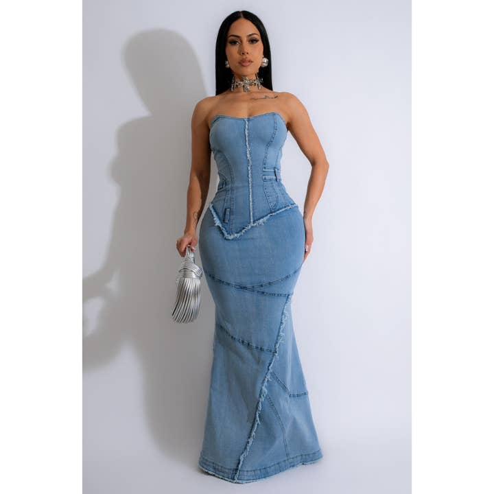 Elegant Maxi Denim Dress with Corset Lace Back for wholesale on Faire