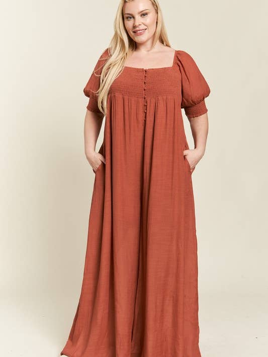 JADE BY JANE PLUS - Wholesale Jumpsuit - Women's - PLUS SIZE SMOCKED NECK WIDE LEG JUMPSUIT