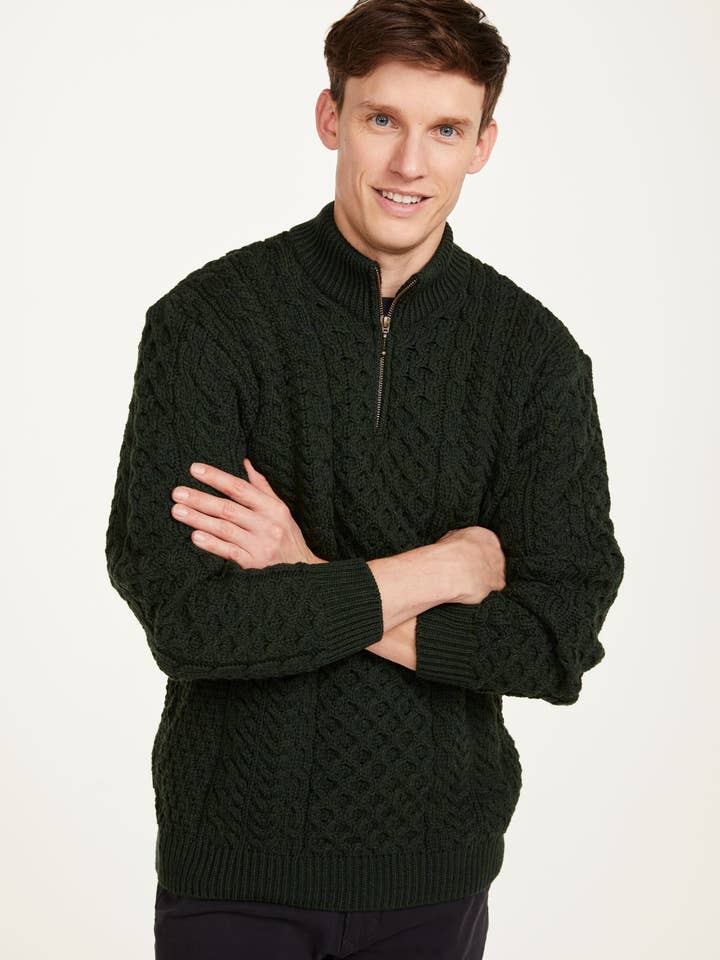 Pull Ballycroy homme en mérinos à demi-fermeture éclair – vert forêt pour la vente par Aran Woollen Mills