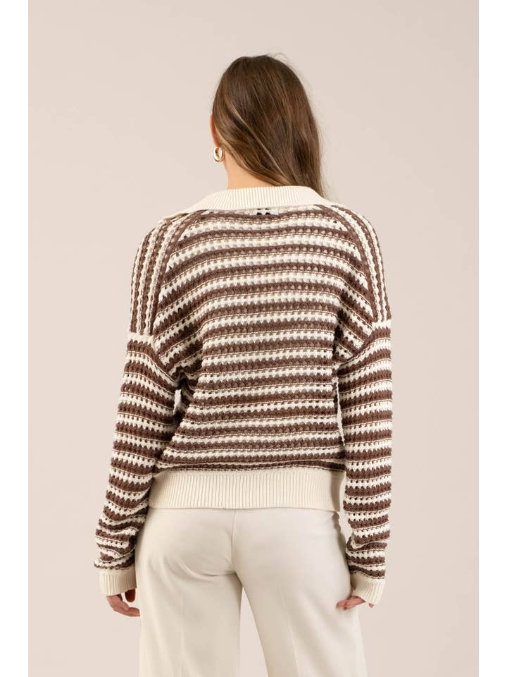 The Workshop Studio - Wholesale Knit Sweater - Women's - STRIPE COLLARED LONG SLEEVE CROCHET KNIT SWEATER