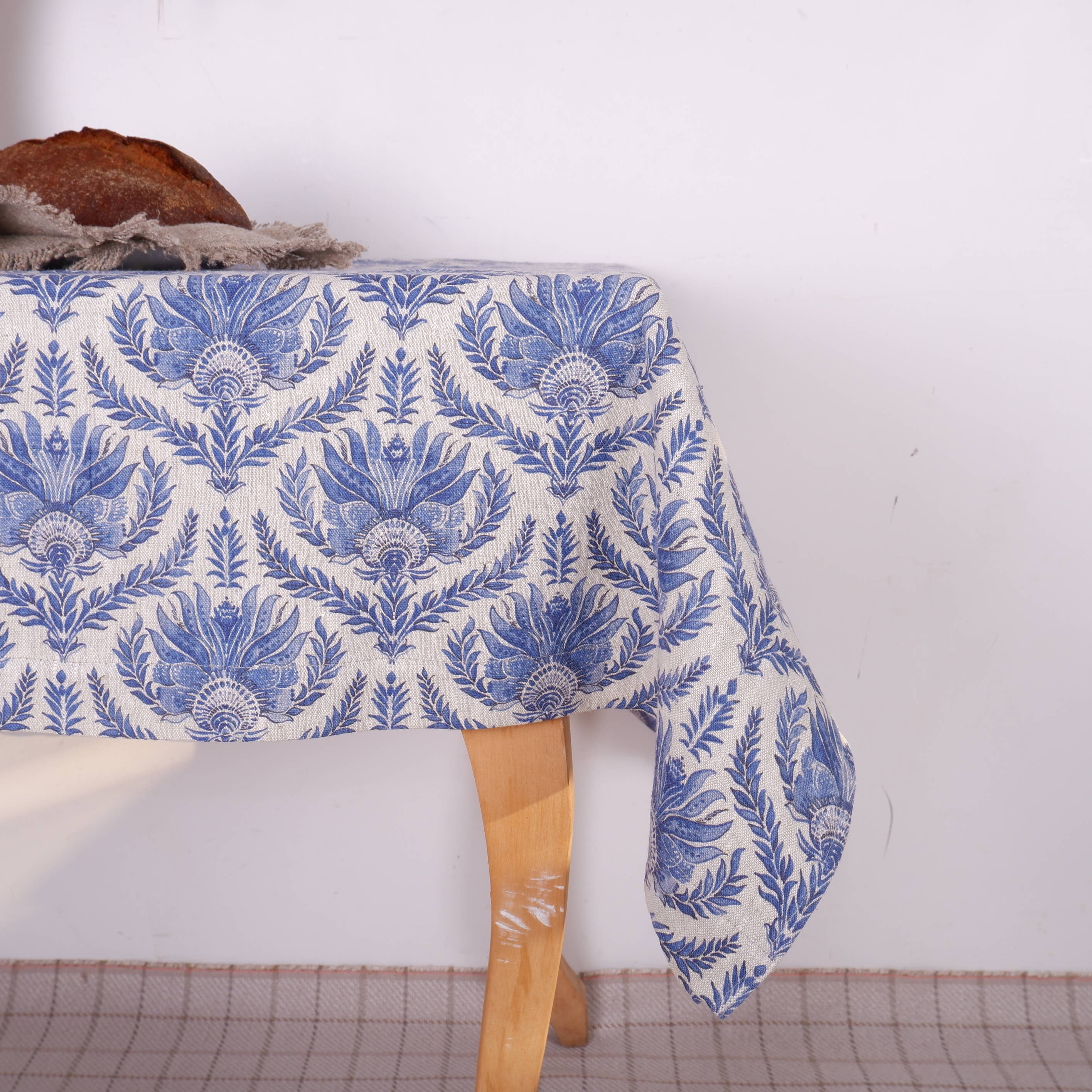 NorraVilla – wholesale Tablecloth – Linen Tablecloth in French block print on oatmeal linen3