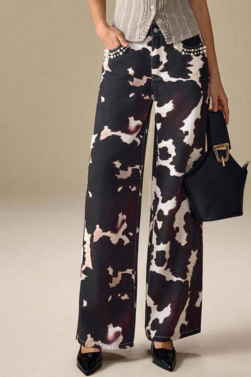 Picture Color Pearl Trim Printed Denim Pants for wholesale on Faire6