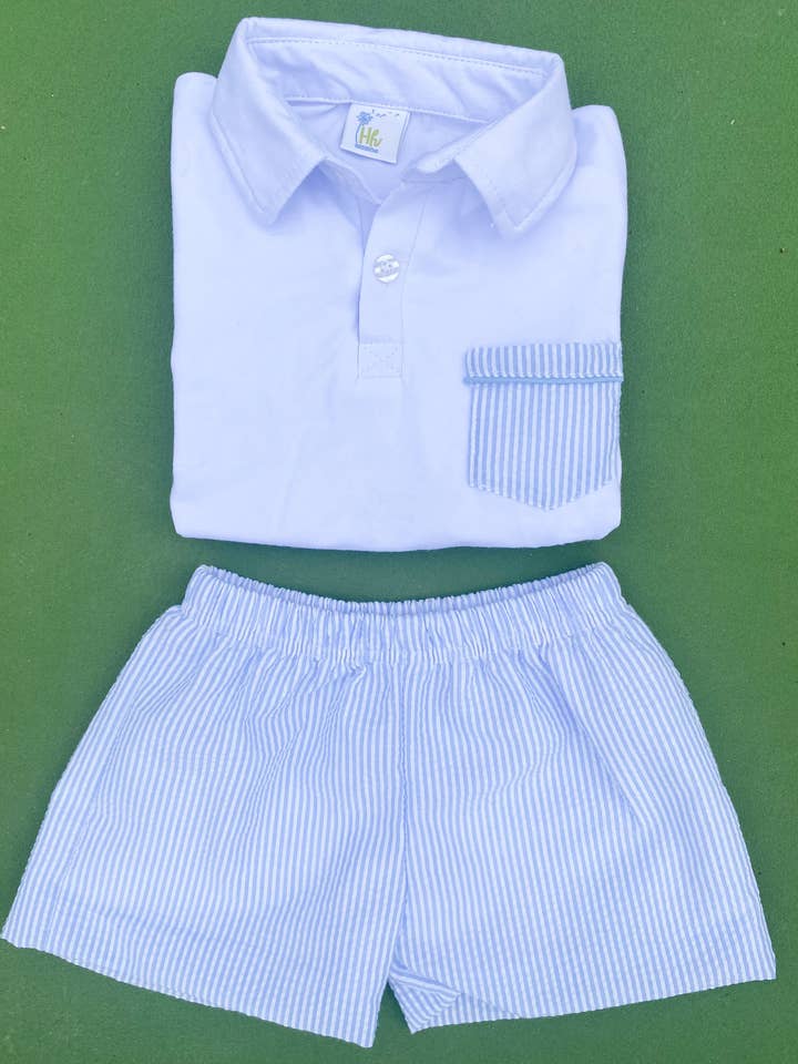 Huckleberry Hill Kids - Wholesale Top & Short Set - Kids - Seersucker Polo Short Set0