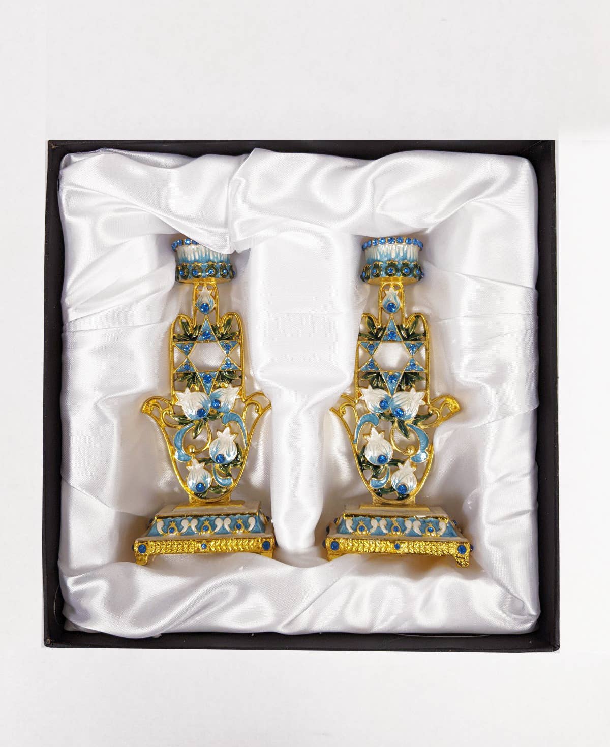 Collection by Nouvelle - Wholesale Candle Holder - Shabbat Pair of 2 Blue Floral Hamsa Hand Candle Holder2