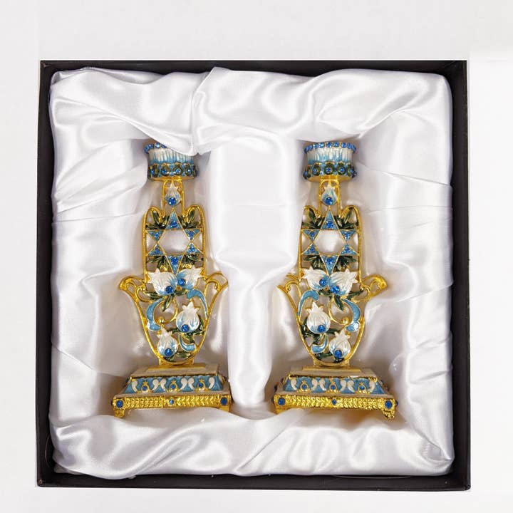 Collection by Nouvelle - Wholesale Candle Holder - Shabbat Pair of 2 Blue Floral Hamsa Hand Candle Holder2