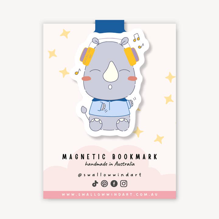 Marque-page magnétique - Rock n Roll Rhino pour la vente par Swallow Wind Art