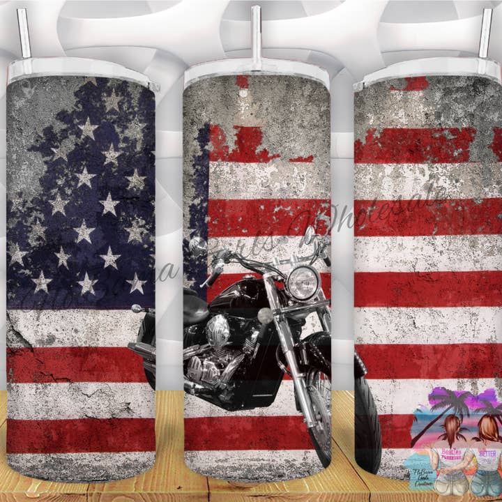 Motorcycle USA Flag Tumbler for wholesale by FloBama Girls Wholesale