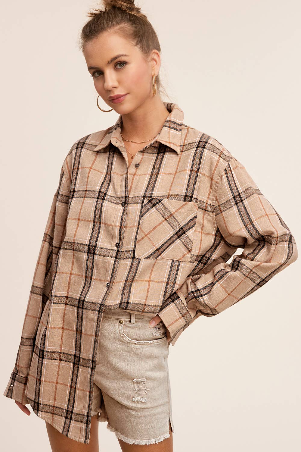 La Miel - Wholesale Button Down Shirt - Women's - SRT1312-Loose Fit Button Down Soft Fabric Plaid Shirts5