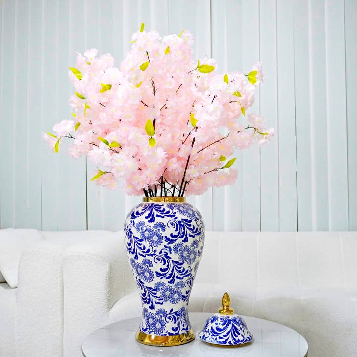 Amazing Rugs - Wholesale Decorative Jar - White Ceramic Ginger Jar Vase with Blue & Gold Accents