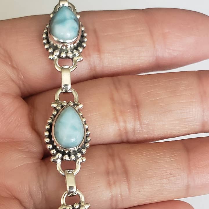 GTG Gems Corp - Wholesale Beaded Bracelet - Natural Larimar Teardrop Shape Bracelet, 925 Sterling Silver1