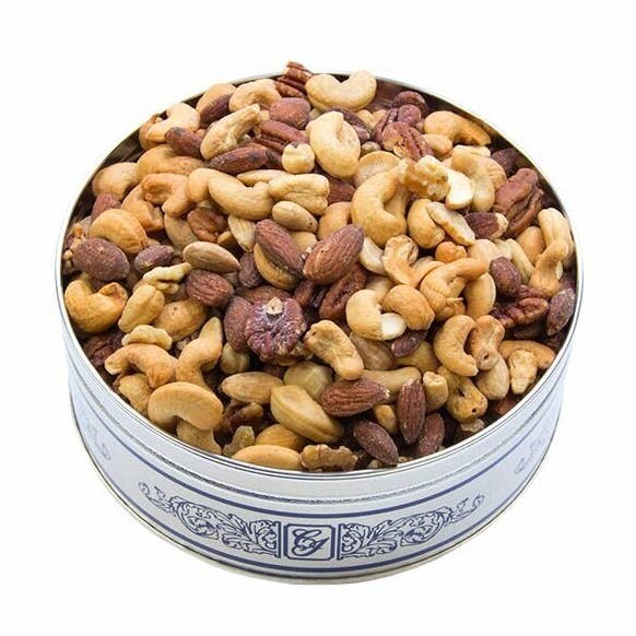 Deluxe Mixed Nuts Holiday Tin for wholesale by Mound City Shelled Nut Co.