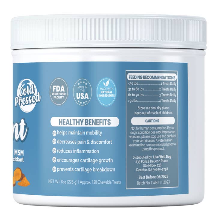 Hofte- og ledstøtte bløde tyggetabletter (120 stk) – Glucosamin + Chondroitin + MSM + Gurkemeje | Fremstillet i USA for engroshandel hos Live Well Dog